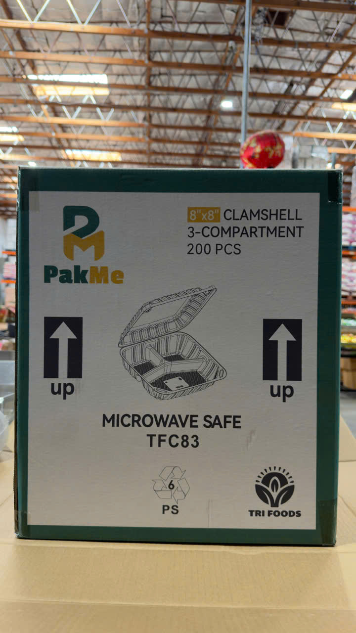PakMe 8"x8" 3-Compartment Clamshell 200 PCS TFC83- (Hộp Nhựa 3 Ngăn PakMe 200 Cái)