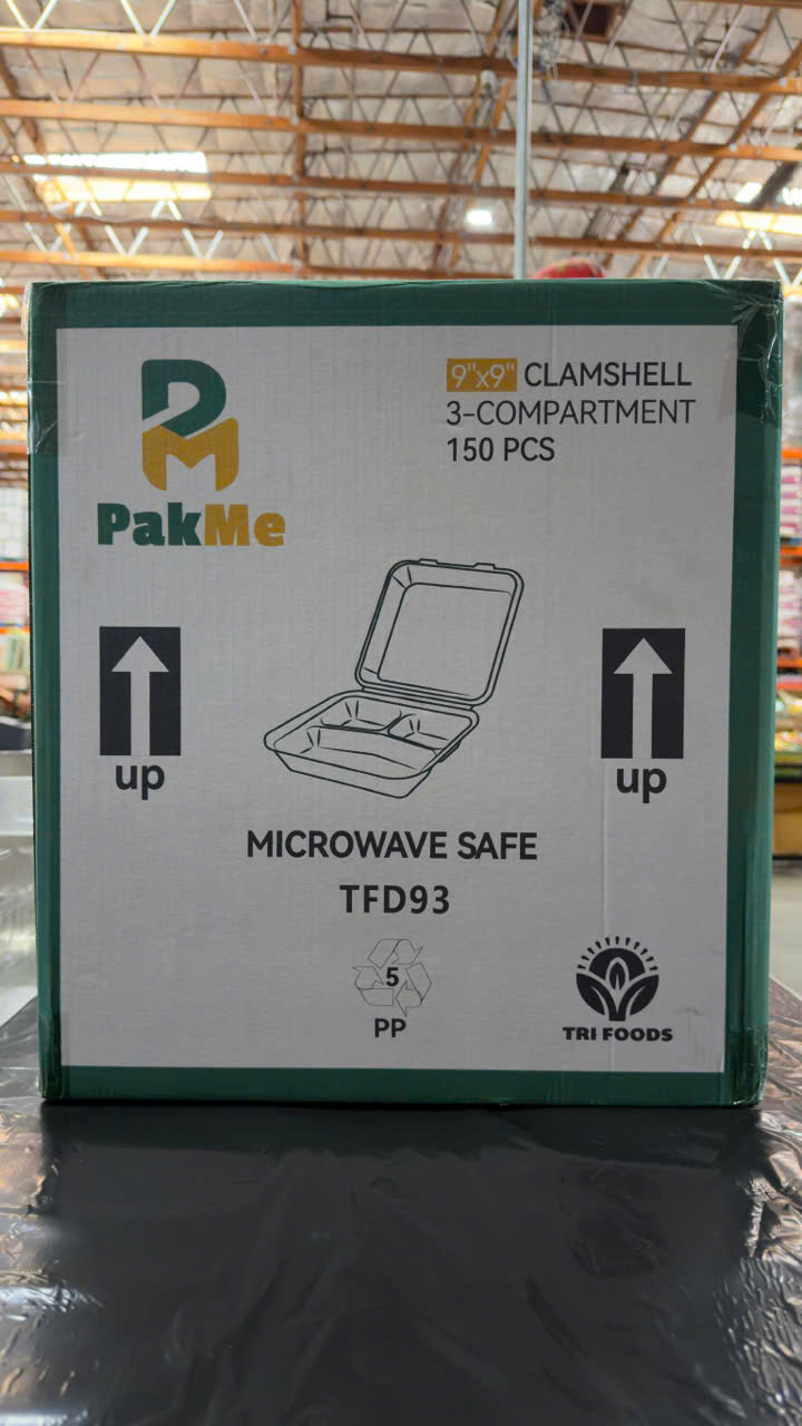 PakMe 9"x9" 3-Compartment Clamshell 150 PCS - TFD93 (Hộp Nhựa 3 Ngăn PakMe 150 Cái)