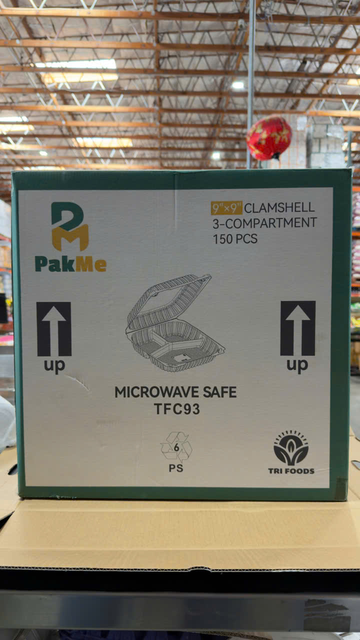 PakMe 8"x8" 3-Compartment Clamshell 150PCS - TFC93 (Hộp Nhựa 3 Ngăn PakMe 150 Cái)