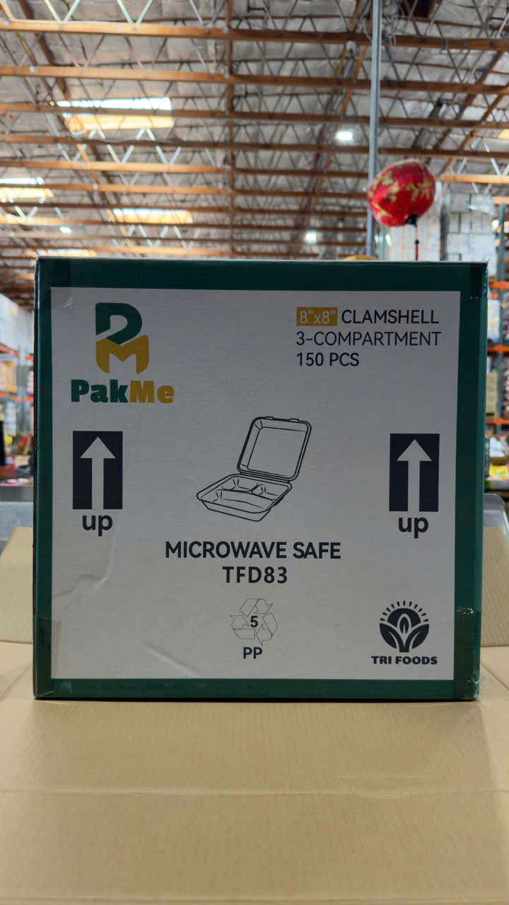 PakMe 8"x8" 3-Compartment Clamshell 150 PCS - TFD83 (Hộp Nhựa 3 Ngăn PakMe 150 Cái)