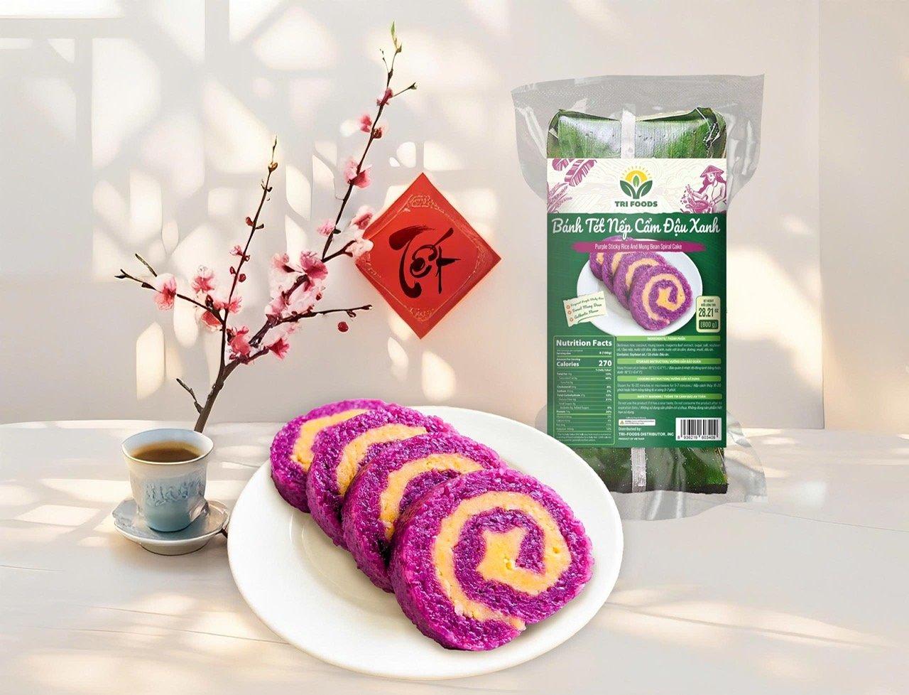 Bánh Tét Nếp Cẩm Đậu Xanh Tri Foods (800g) – Đặc Sản Truyền Thống, Sắc Màu Hấp Dẫn