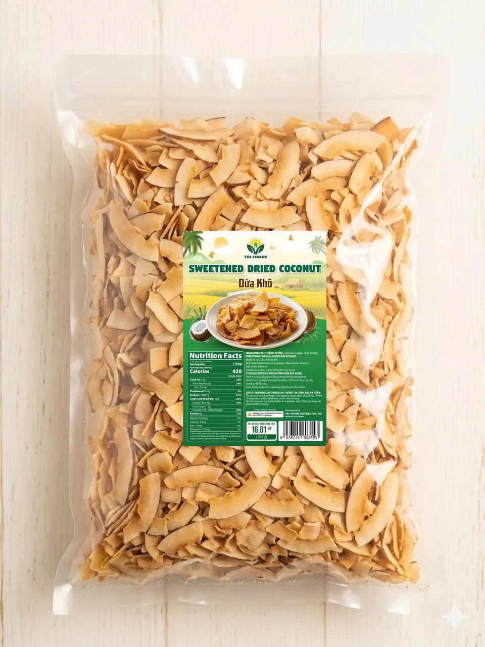 Tri Foods Golden Coconut Chips (16 oz / 454g) -   Dừa Khô Giòn Ngọt Tri Foods (454g)