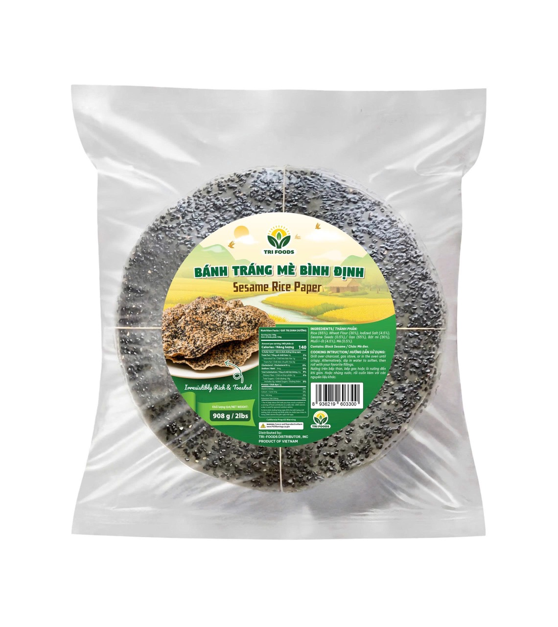 Bánh Tráng Mè Bình Định Tri Foods (908g / 2lbs) – Đặc Sản Chính Gốc, Giòn Thơm Vị Mè